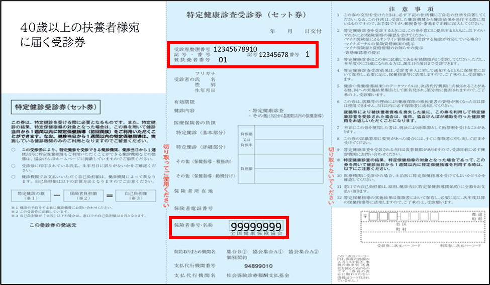 特定健康診査受診券の見本。番号等の記載位置を赤枠で示しています。